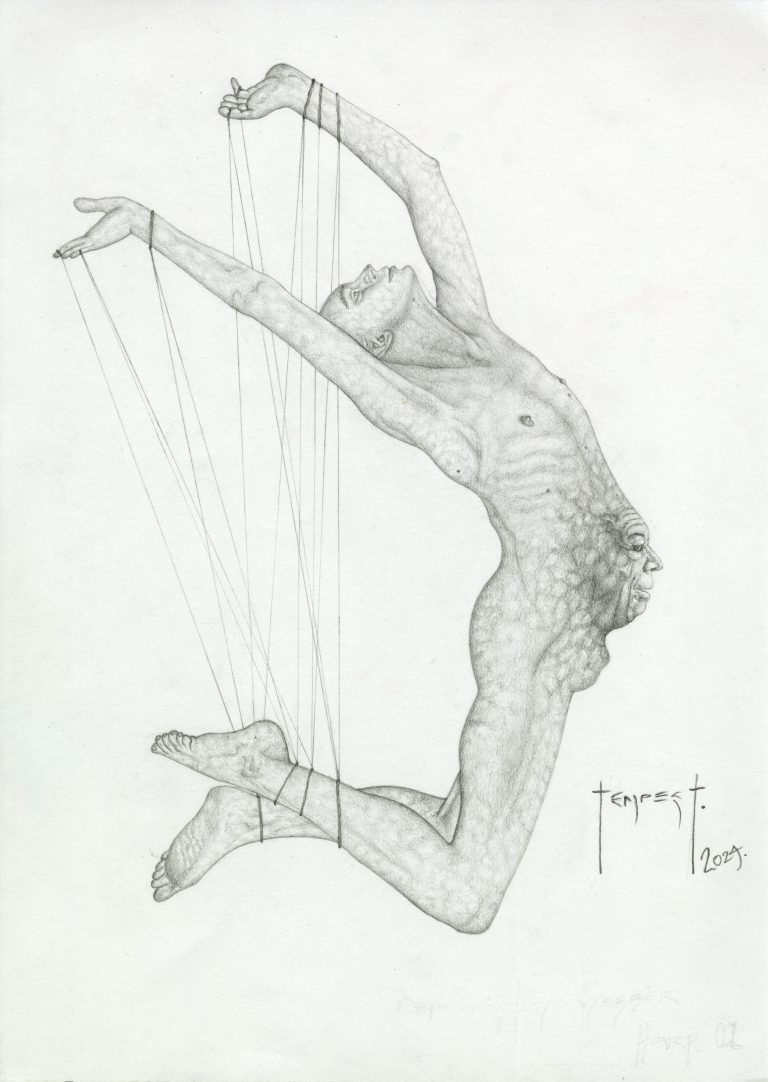 Pencil drawing of a suspended, androgynous human figure posed mid-air with strings attached to the wrists and ankles, resembling a marionette. Andrew Lloyd Webber has impregnated the figure’s belly, transforming the body into a hybrid instrument-like form.