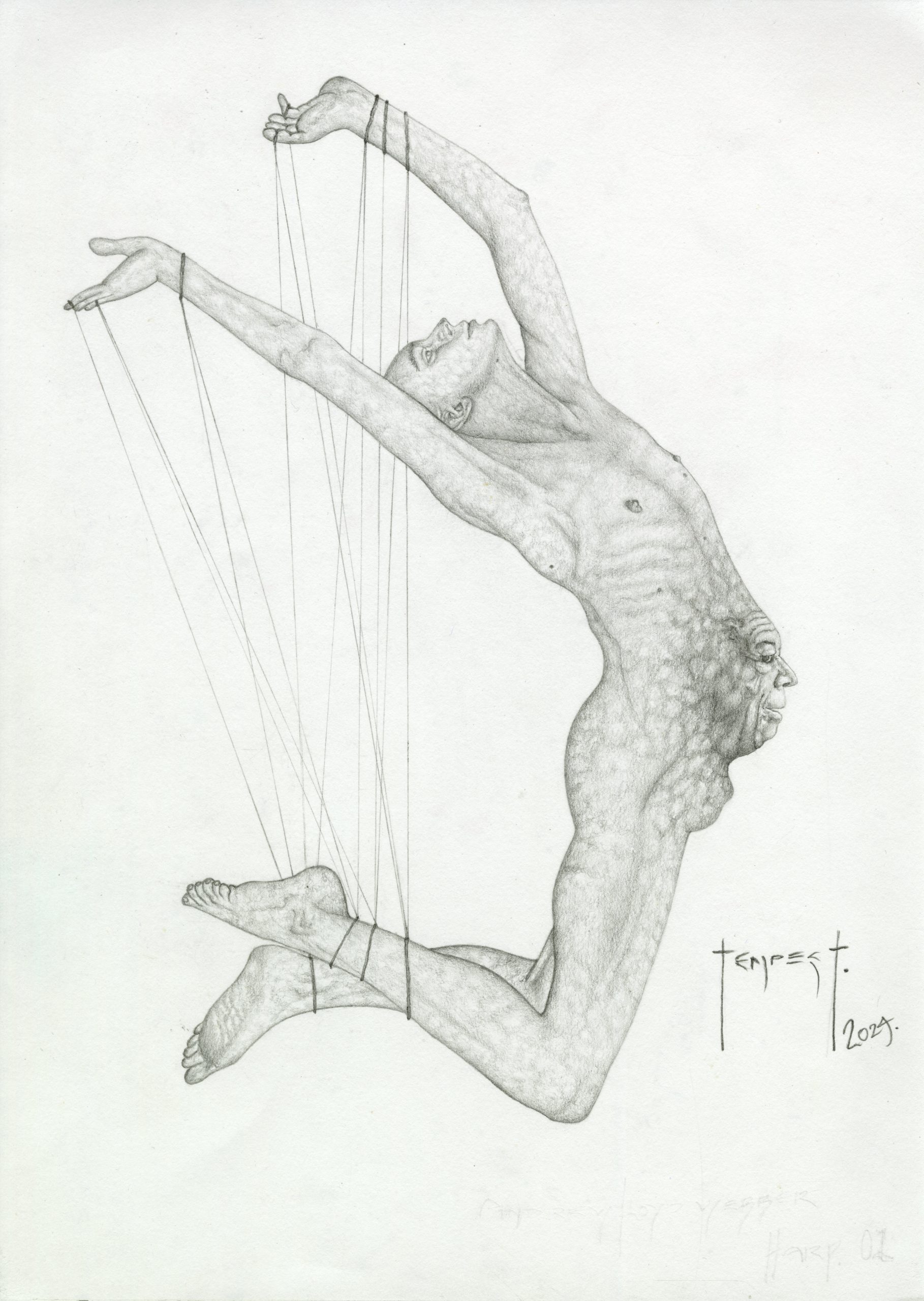 Pencil drawing of a suspended, androgynous human figure posed mid-air with strings attached to the wrists and ankles, resembling a marionette. Andrew Lloyd Webber has impregnated the figure’s belly, transforming the body into a hybrid instrument-like form.