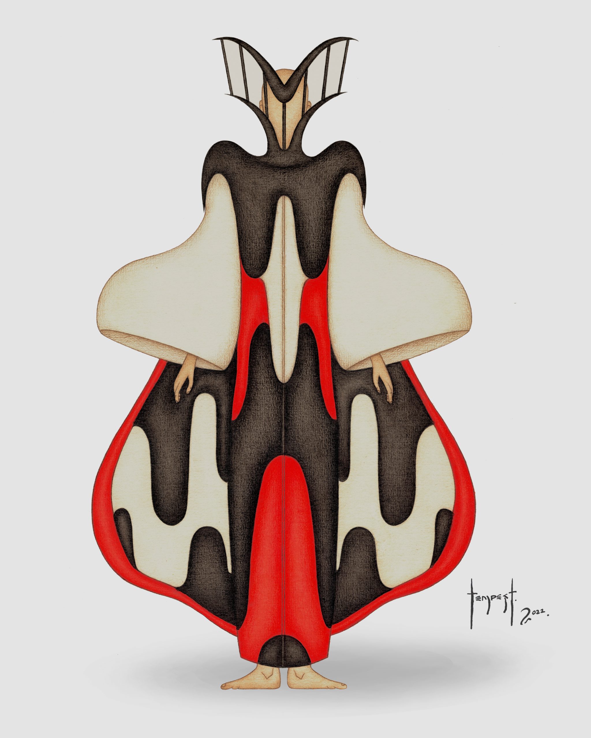 An abstract watercolour costume illustration showing a symmetrical humanoid figure in a voluminous robe with sweeping organic shapes. The garment features black, white, and red flowing forms, wide sleeves, and a structured headpiece reminiscent of beetle wings or a bat’s frame.