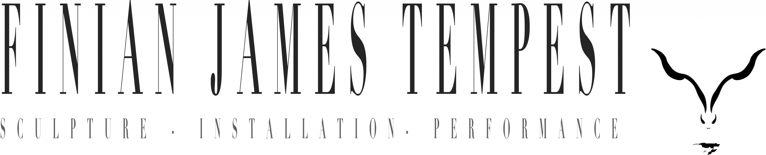 Logo for Finian James Tempest, featuring the name in tall, elegant serif lettering with the words ‘Sculpture – Installation – Performance’ beneath, and a stylized horned skull emblem to the right.
