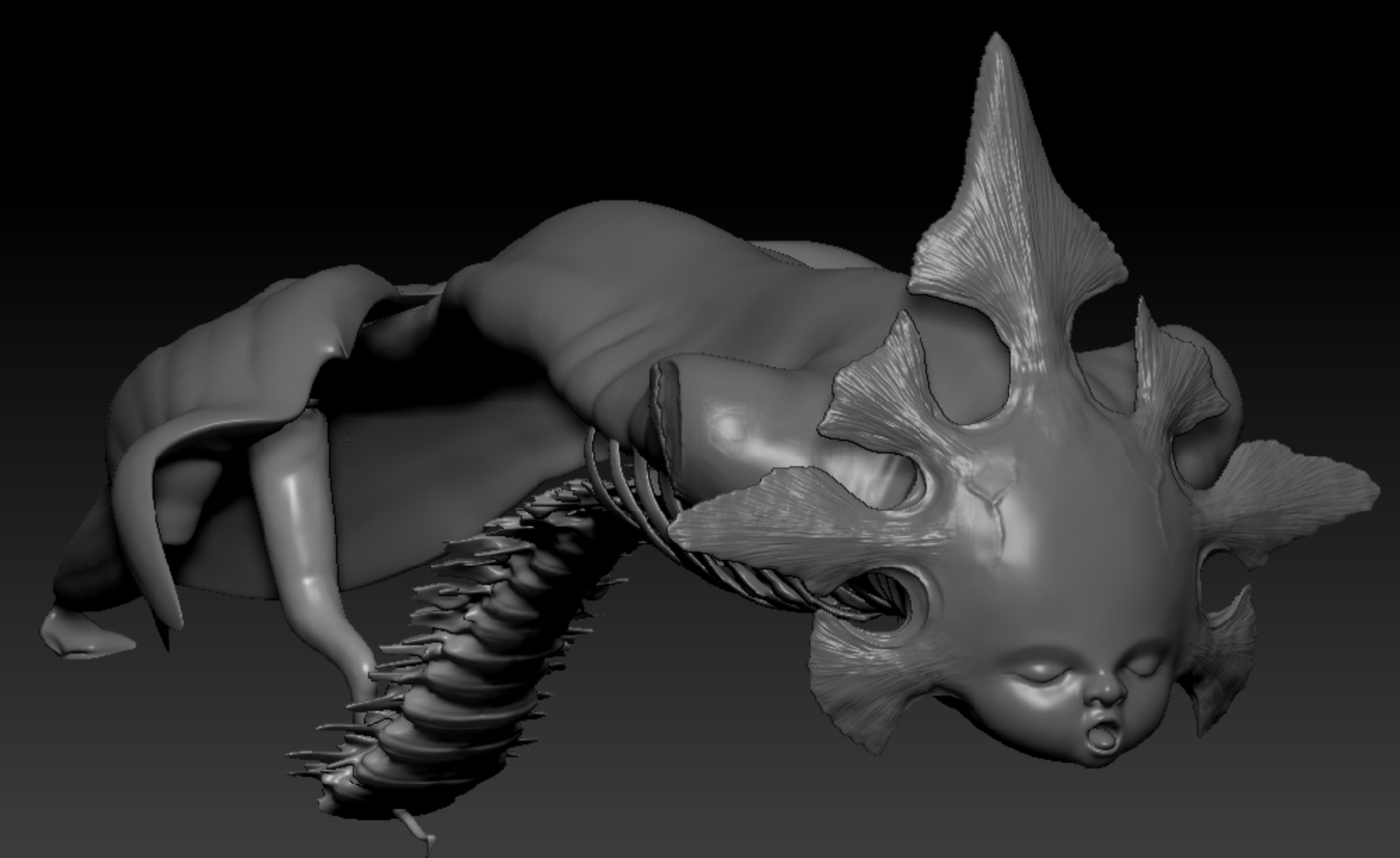 A dark sculptural form combining a fish and a human ribcage, shaped like a violin with strings across the ribs.