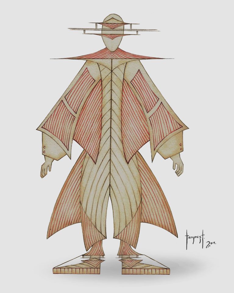 Watercolour illustration of a humanoid costume design from the Vessura series. The figure is highly geometric, composed of clean, intersecting planes in beige and red tones. The garment features angular shoulders, wide sleeves, and pleated sections radiating outward in symmetrical patterns. The head is encased in a linear, architectural structure that extends horizontally, mirroring the layered geometry of the outfit. The overall form suggests both armor and architecture—precise, measured, and rhythmic.