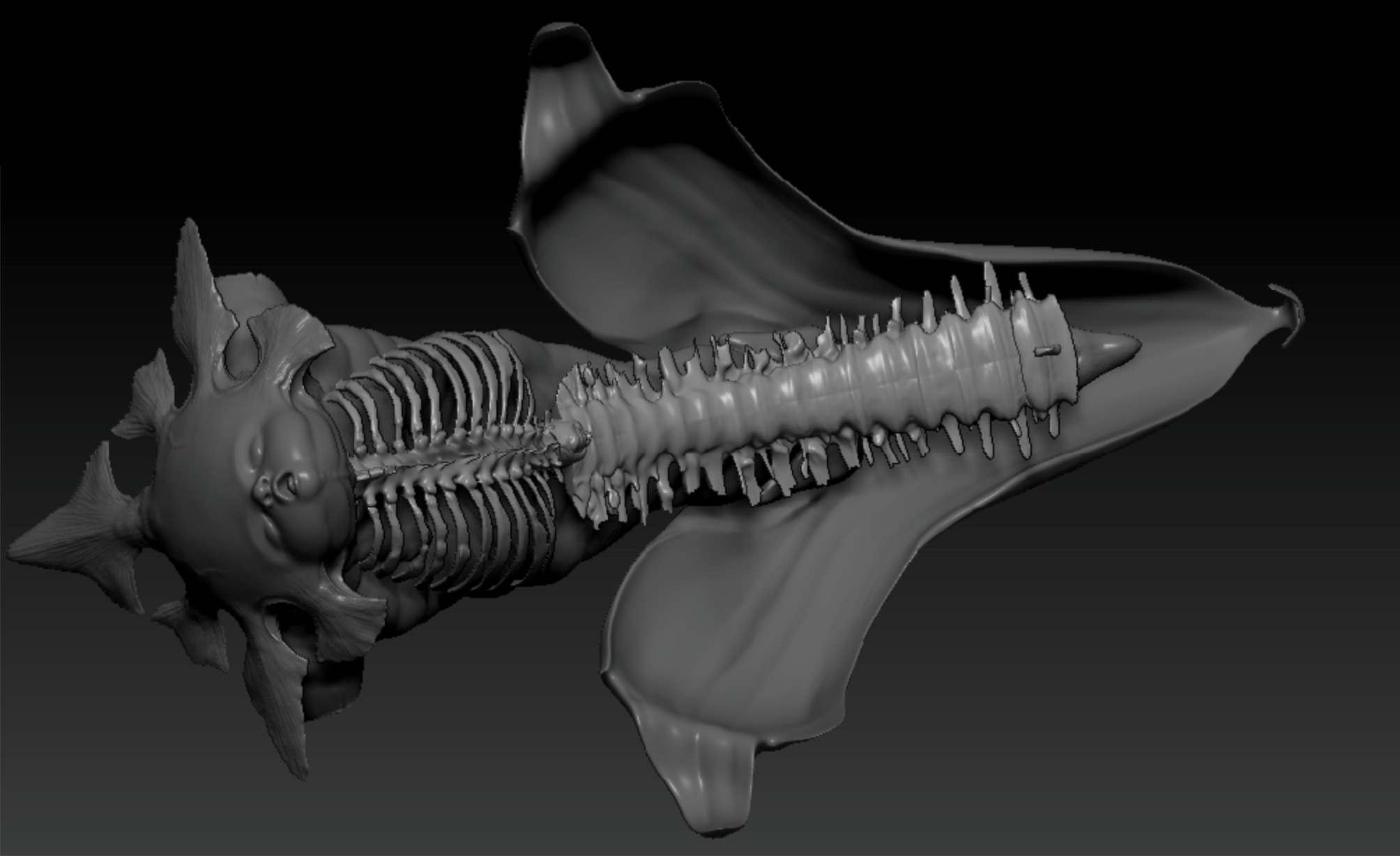 A dark sculptural form combining a fish and a human ribcage, shaped like a violin with strings across the ribs.