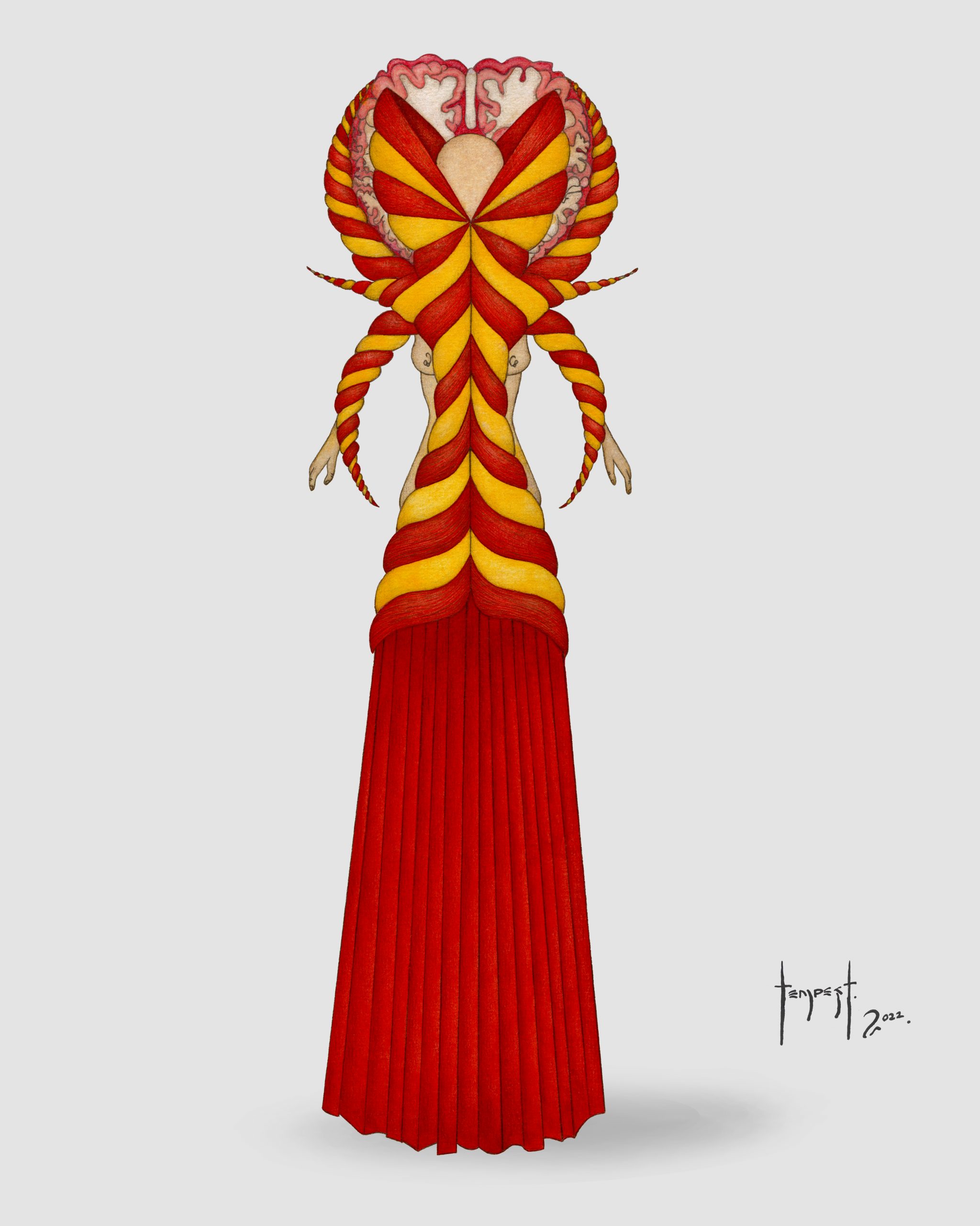 Watercolour illustration of a humanoid figure wearing an elaborate, sculptural red and yellow garment. The upper body features twisting, ribbon-like structures that wrap around the torso in alternating bands of red and yellow, converging at the spine. The head is topped with a form resembling an exposed brain or organic crown, from which curved, tendril-like extensions emerge. The lower part of the garment transforms into a long, pleated red skirt that reaches the ground. The background is a neutral pale gray, and the artwork is signed “Tempest 2022.”