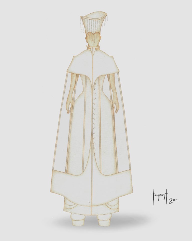Watercolour illustration of a tall, elegant humanoid figure dressed in a long, structured white gown with a high collar and a series of delicate buttons running down the front. The garment features layered panels and subtle golden outlines, giving it an architectural grace. The figure wears a sculptural headdress with fine dangling elements that frame the head like threads of light. The background is a soft, neutral gray.
