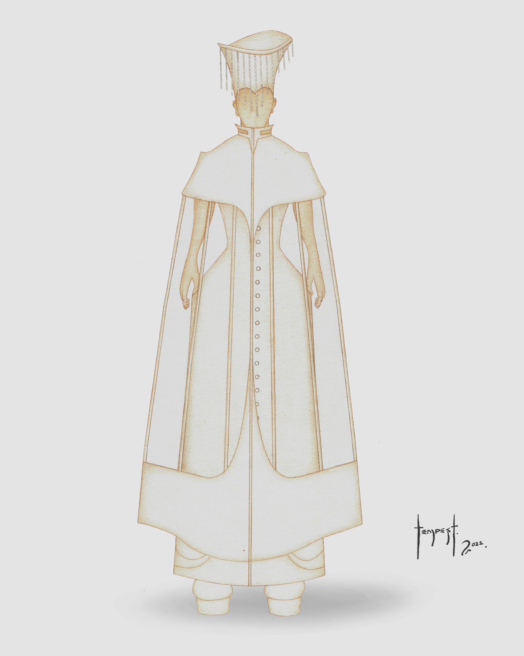 Watercolour illustration of a tall, elegant humanoid figure dressed in a long, structured white gown with a high collar and a series of delicate buttons running down the front. The garment features layered panels and subtle golden outlines, giving it an architectural grace. The figure wears a sculptural headdress with fine dangling elements that frame the head like threads of light. The background is a soft, neutral gray.
