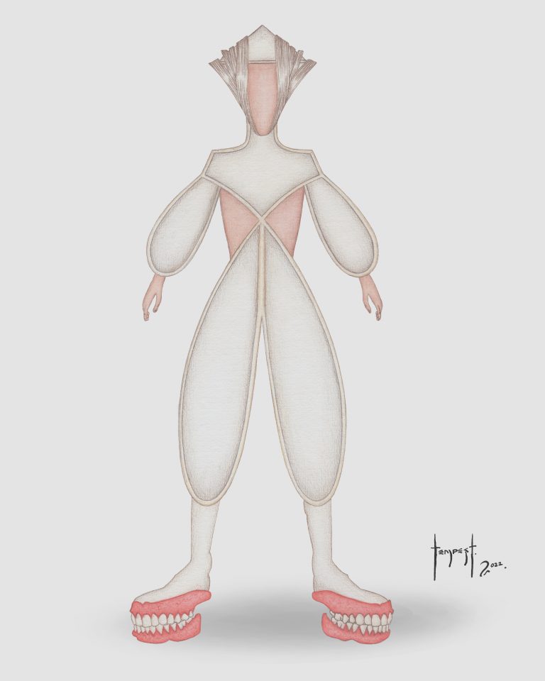 Watercolour illustration of a humanoid figure dressed in a pale, sculptural bodysuit with smooth, rounded forms that accentuate the arms and legs. The outfit has a faint pink interior visible at the torso, while the feet rest upon stylized pink gums with teeth, resembling human mouths. The figure’s face is obscured, and the background is a clean light gray.