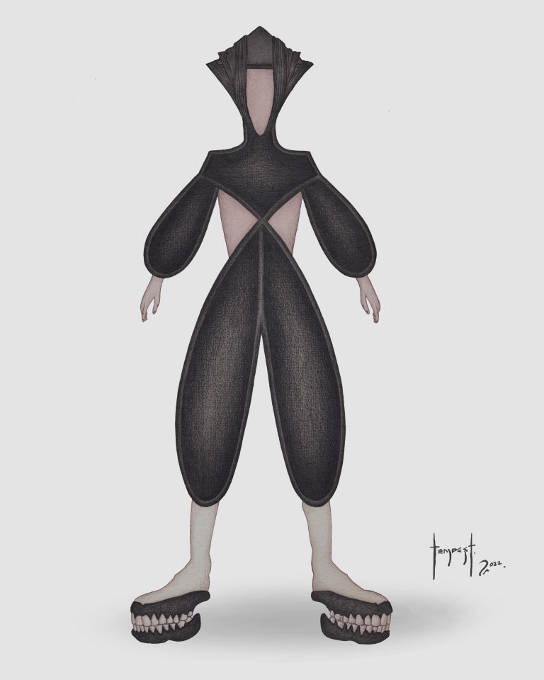 Watercolour illustration of a humanoid figure wearing a sculptural, black bodysuit with exaggerated oval-shaped limbs and an angular high collar framing the head. The face is obscured, and the feet appear to rest on stylized platforms shaped like human jaws with teeth. The minimalist background is light gray, emphasizing the stark contrast of the figure’s dark attire.