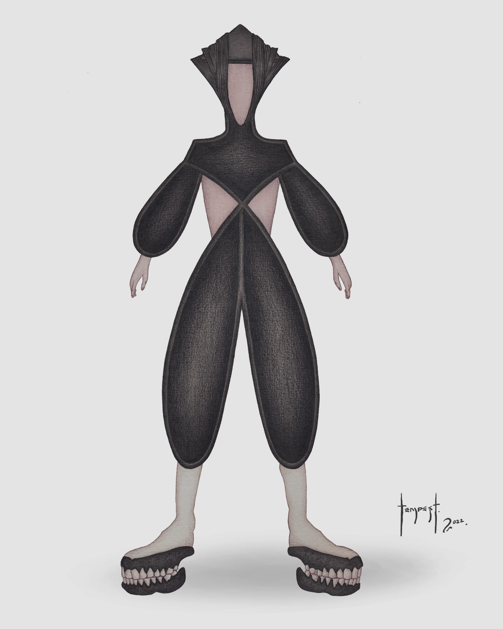 Watercolour illustration of a humanoid figure wearing a sculptural, black bodysuit with exaggerated oval-shaped limbs and an angular high collar framing the head. The face is obscured, and the feet appear to rest on stylized platforms shaped like human jaws with teeth. The minimalist background is light gray, emphasizing the stark contrast of the figure’s dark attire.