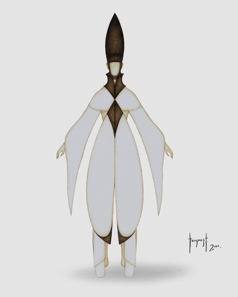 A watercolor illustration of a stylized humanoid figure wearing an elongated, geometric costume. The outfit is primarily white with dark brown accents forming diamond shapes down the front. The figure has long, flowing sleeves and oval-shaped lower garments that taper to a point near the ankles. A tall, conical headdress extends high above the head, matching the brown tones of the outfit’s central pattern. The figure stands on a light gray background, and the artwork is signed “Tempest 2022” in the lower right corner.