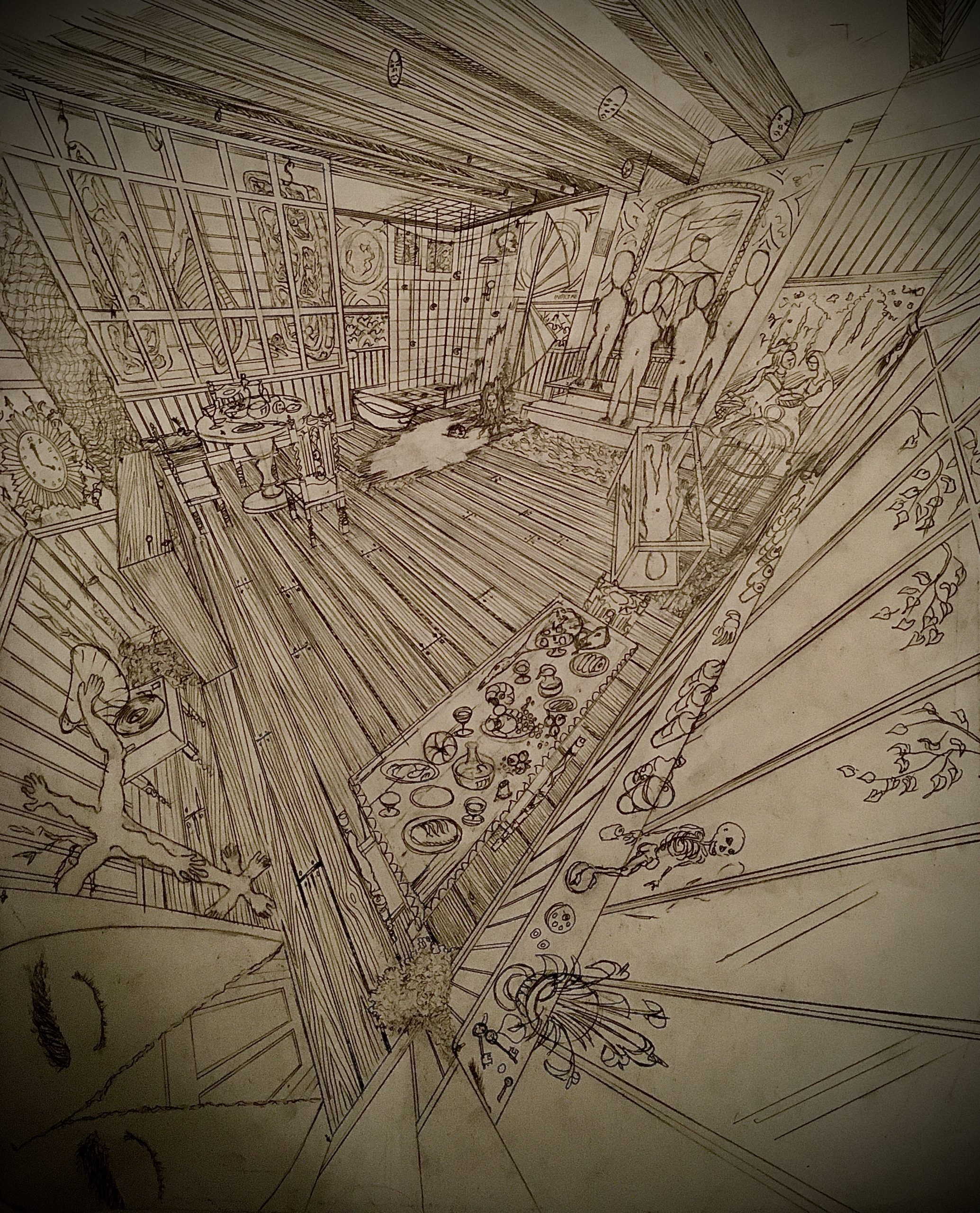 A detailed pencil sketch of an attic-like performance set, drawn in perspective with angled beams, a long table of dishes, and abstract human figures framed on the far wall.