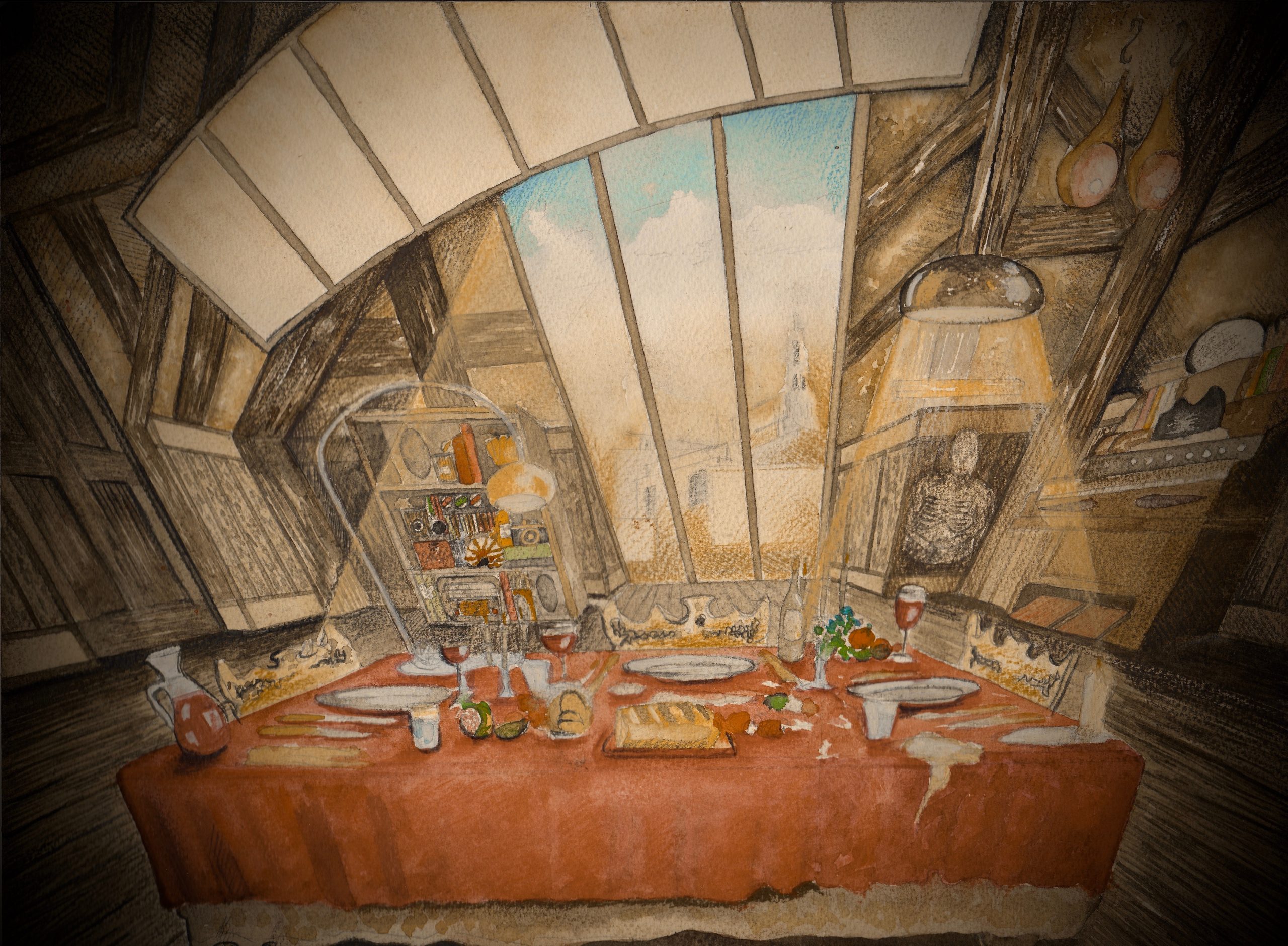 A watercolour painting of an attic dining room set, featuring a long table covered in a red cloth and lit warmly beneath slanted windows that reveal a bright sky outside.