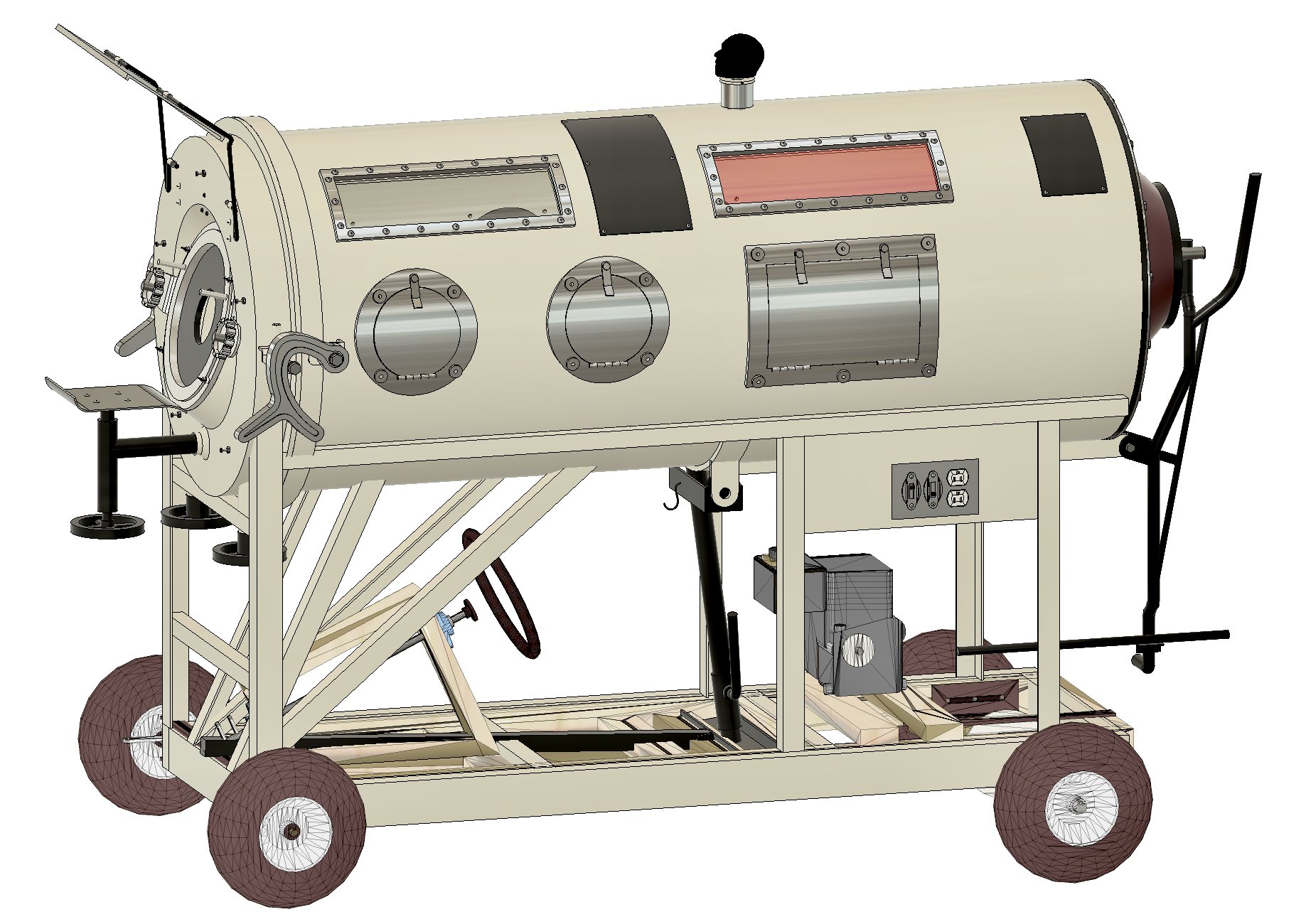 Digital rendering of a modified iron lung mounted on a wheeled frame. The 2.4 m cylindrical chamber has viewing windows, circular access ports, mechanical controls and integrated string-actuated mechanisms; functions as a hybrid modular synthesiser and motorized go-kart.