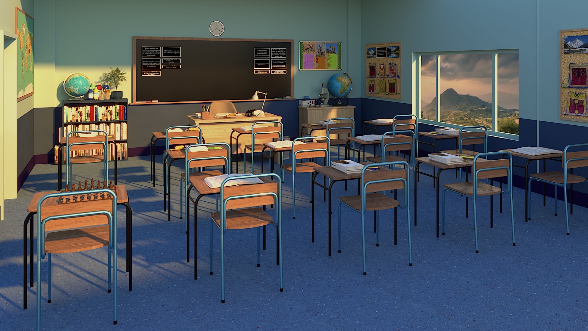A digital 3D render of a sunlit classroom with wooden desks and blue chairs arranged neatly before a teacher’s desk and chalkboard.