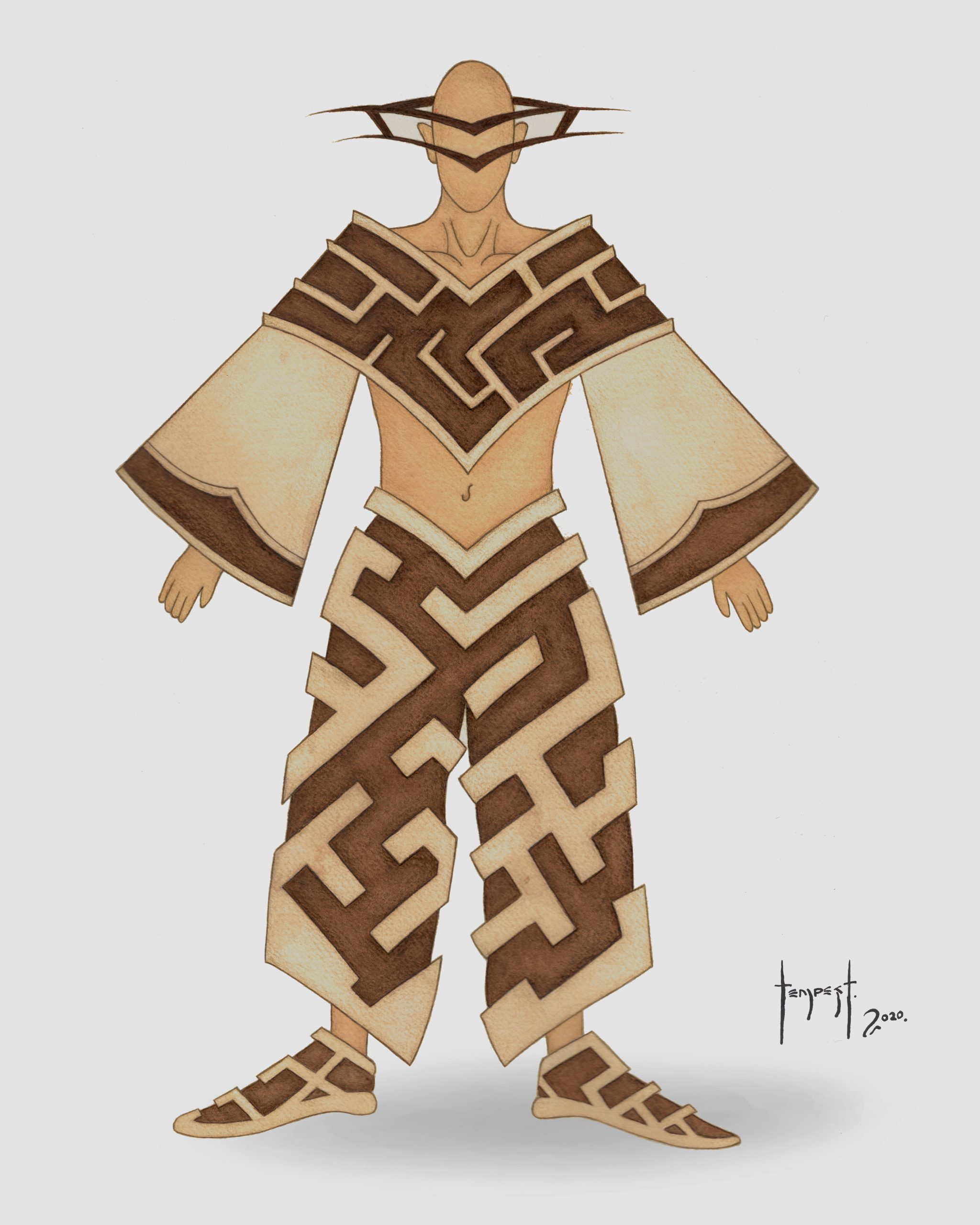A stylized watercolour costume illustration depicting a figure wearing geometric, labyrinth-patterned garments. The design features a wide-sleeved top and angular trousers, both adorned with dark brown maze motifs outlined in beige. The headpiece extends horizontally with pointed prongs, echoing the angular rhythm of the outfit.