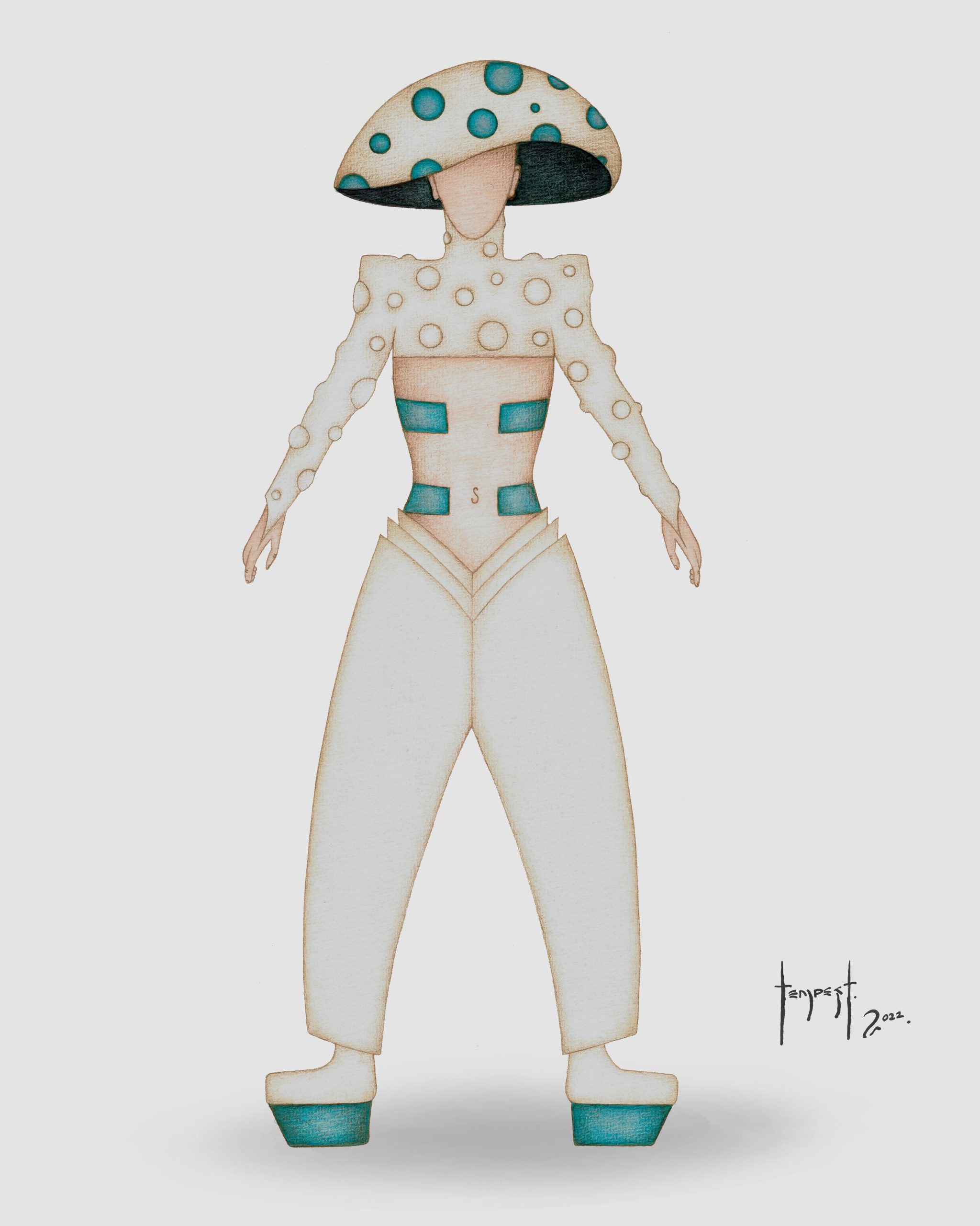 A stylized watercolour illustration of a humanoid figure wearing a futuristic, mushroom-inspired outfit. The figure has a large, domed hat resembling a mushroom cap, white with teal circular spots. The top is white and form-fitting, decorated with raised circular shapes that echo the hat’s pattern. The midsection is exposed, with teal rectangular accents on the torso. The pants are wide-legged and structured, tapering at the ankles into platform shoes with teal soles. The figure stands on a light gray background, and the artwork is signed “Tempest 2022” in the lower right corner.