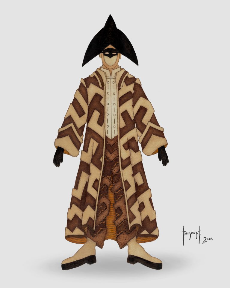 Watercolour illustration of a figure wearing a long geometric-patterned coat in shades of tan and brown, featuring maze-like motifs. The figure has a tall, angular black hat, a black eye mask, and gloves, with cream-colored shoes. The design emphasizes symmetry and layered textures against a plain gray background.