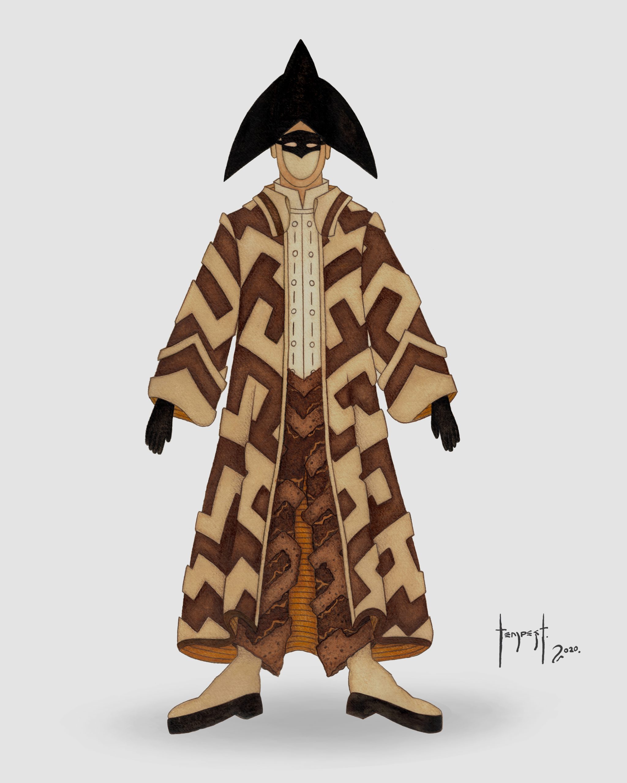 Watercolour illustration of a figure wearing a long geometric-patterned coat in shades of tan and brown, featuring maze-like motifs. The figure has a tall, angular black hat, a black eye mask, and gloves, with cream-colored shoes. The design emphasizes symmetry and layered textures against a plain gray background.