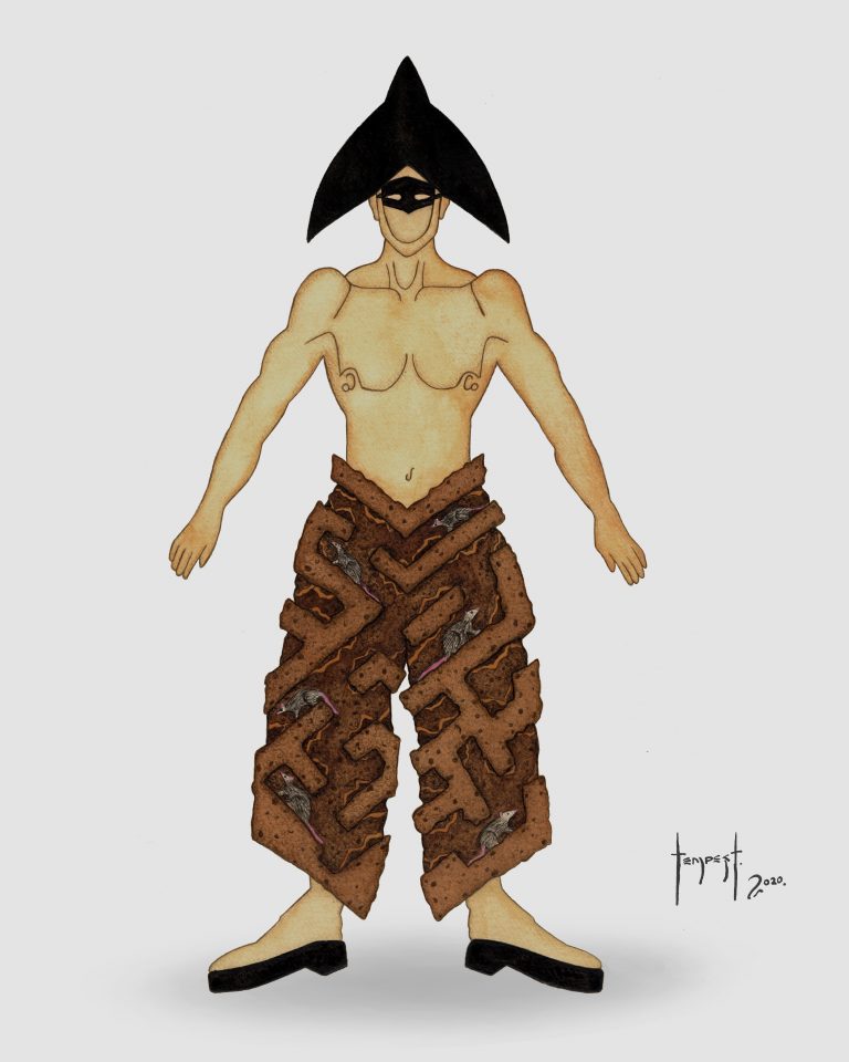 A watercolor and mixed-media illustration of a stylized figure wearing an avant-garde costume. The figure is shirtless, with a light tan skin tone and subtle anatomical detailing. They wear large, textured brown pants resembling a labyrinth or maze made of bark or soil, within which small gray rats are embedded. On their feet are simple black shoes. The figure’s face is partially obscured by a large, sharply angular black hat that extends outward like a triangle, paired with a black mask that covers the eyes. The artwork combines surreal and organic elements, and is signed “Tempest 2020” in the lower right corner.
