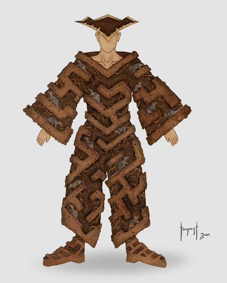 Watercolour illustration of a figure wearing a geometric, maze-patterned suit made of soil-like material embedded with small rats and roots. The outfit covers the body entirely, including flared sleeves and pants, with angular shoulder lines and a sharply structured, brown, triangular hat. The figure stands on a neutral background with minimal shading.