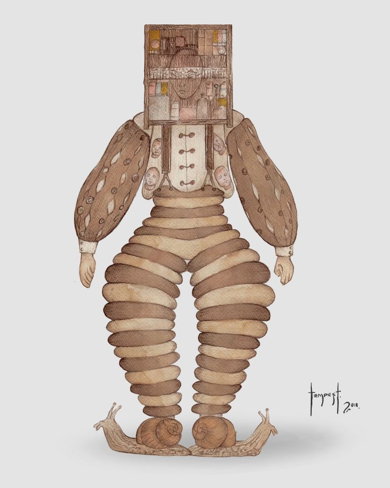 Watercolour illustration of a humanoid costume design from the Vessura series. The figure wears tightly coiled, segmented trousers in warm beige and brown tones, evoking the texture of a snail shell. The upper body features a buttoned shirt with puffed sleeves decorated with oval patterns resembling eyes or seeds. The head is enclosed in a rectangular cabinet filled with miniature compartments, shelves, and objects. The figure stands on two large snails instead of feet.