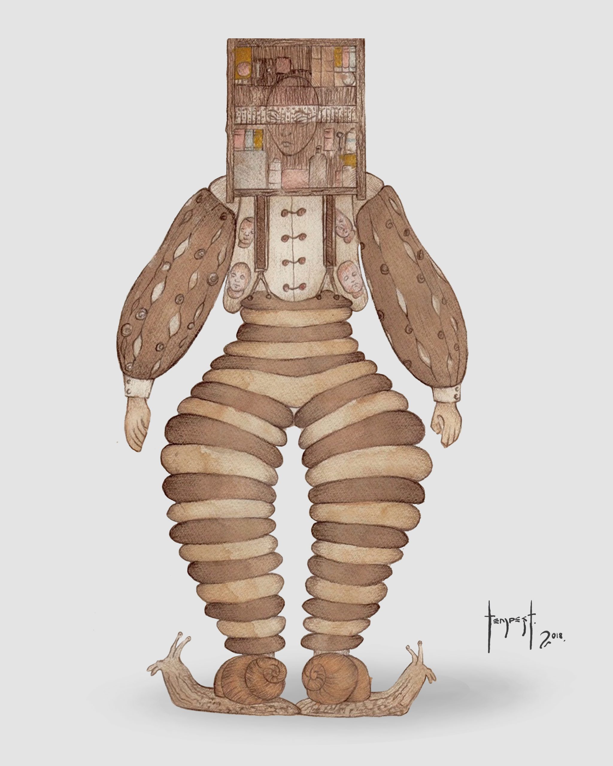 Watercolour illustration of a humanoid costume design from the Vessura series. The figure wears tightly coiled, segmented trousers in warm beige and brown tones, evoking the texture of a snail shell. The upper body features a buttoned shirt with puffed sleeves decorated with oval patterns resembling eyes or seeds. The head is enclosed in a rectangular cabinet filled with miniature compartments, shelves, and objects. The figure stands on two large snails instead of feet.