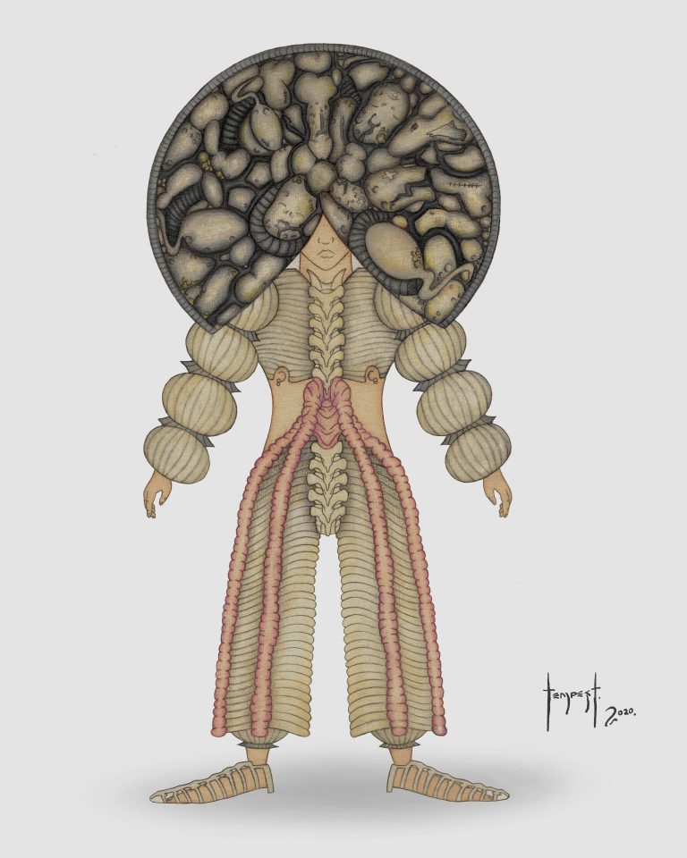 Watercolour illustration of a humanoid figure with an oversized, circular headpiece filled with sculptural shapes resembling organs or vessels. The figure’s costume mimics anatomical forms, with rib-like and intestinal structures running down the torso and legs in muted tones of beige, grey, and pink. The background is plain grey, emphasizing the surreal organic design.