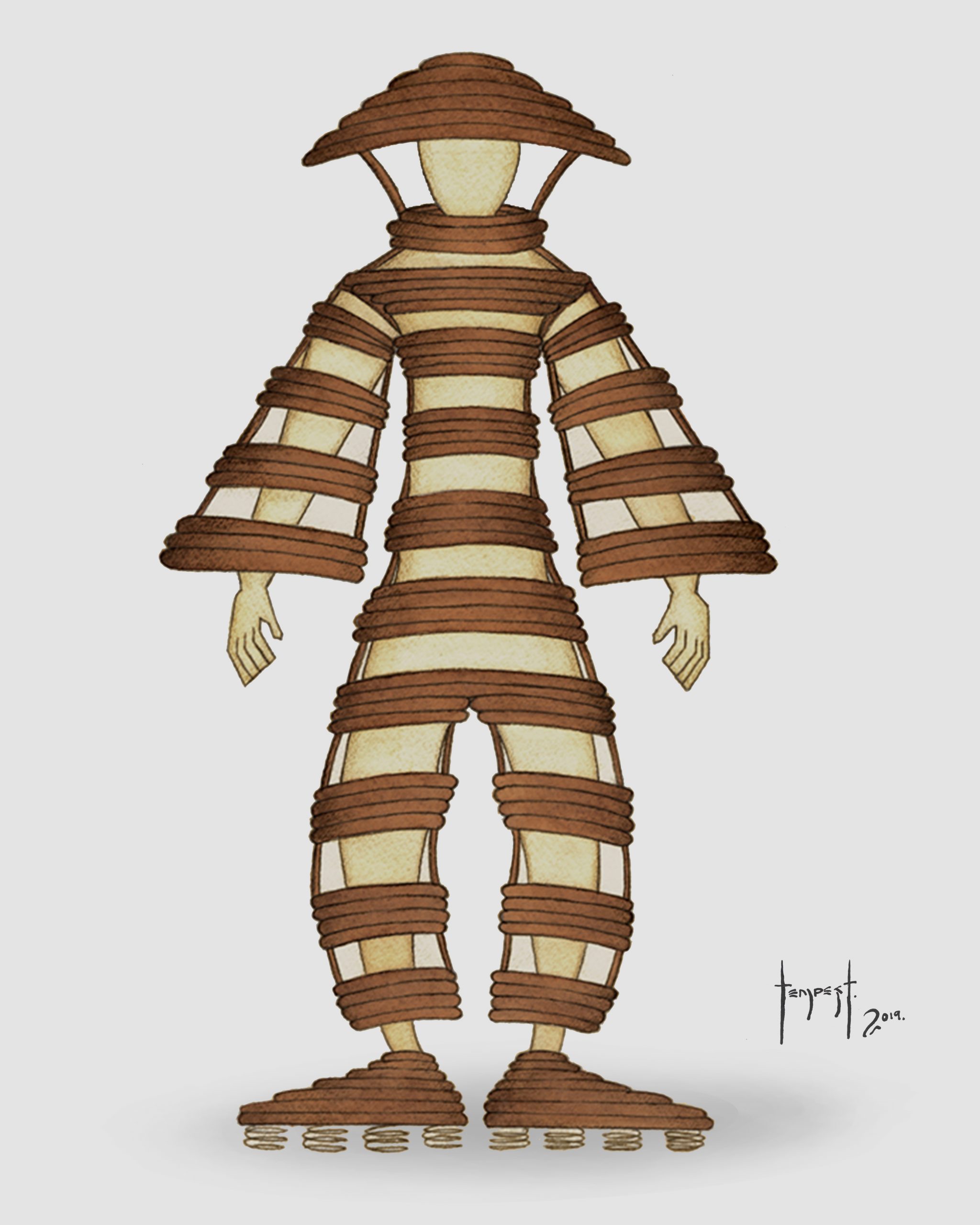 A stylized watercolour illustration of a humanoid figure wearing an elaborate costume made of layered, brown circular and horizontal bands that encircle the body from head to feet. The design resembles a mix between armor and architectural framework, with wide rings forming the torso, arms, and legs. The head is featureless and covered by a dome-like structure, and the shoes are composed of stacked, circular segments. The artwork is signed “Tempest 2014” in the lower right corner. The background is a clean, light gray, emphasizing the geometric and sculptural quality of the design.
