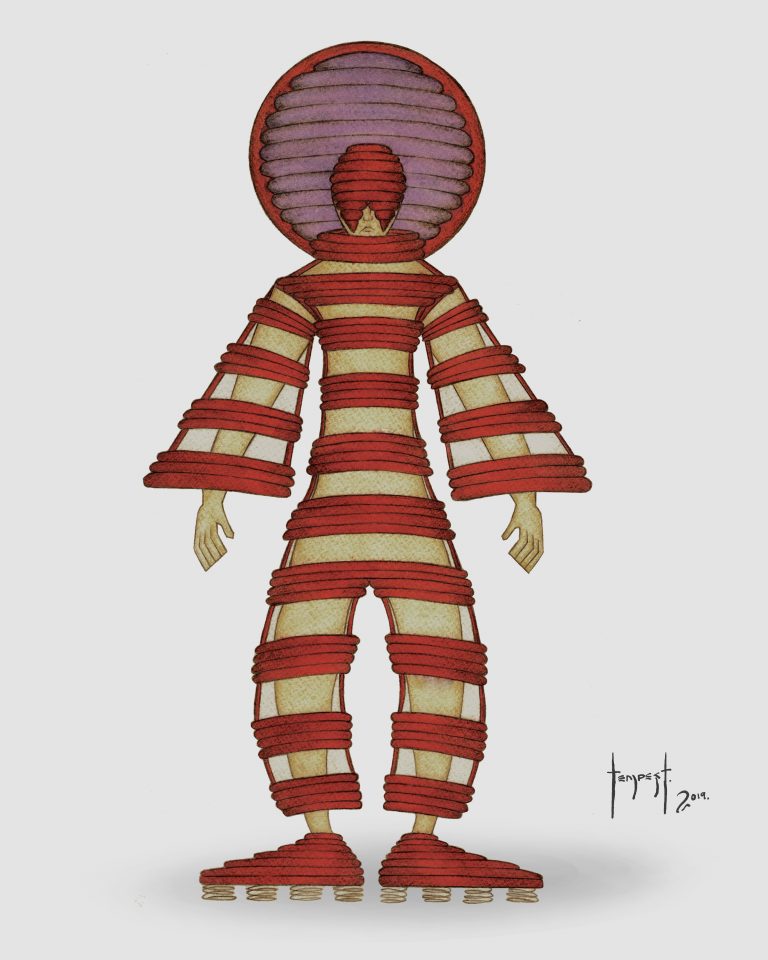 Watercolour illustration of a humanoid figure wearing a sculptural costume composed of concentric red bands that wrap the body in segmented layers. The figure’s head and upper torso are enclosed in circular rings forming a halo-like dome, filled with a gradient of soft purples. The exposed areas of the body are pale beige, emphasizing contrast between flesh and form. The limbs and feet are similarly banded, creating a rhythmic repetition from head to toe.