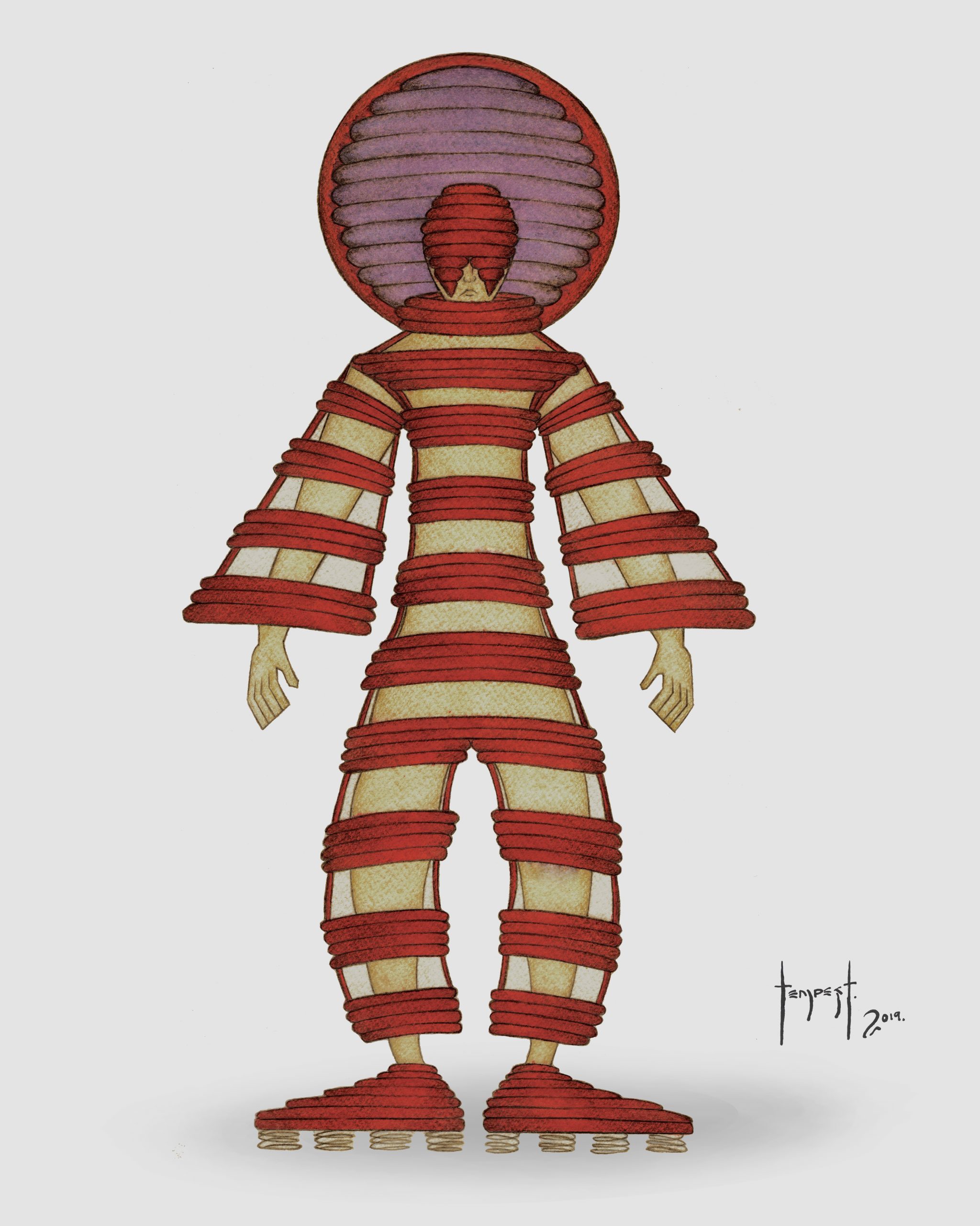 Watercolour illustration of a humanoid figure wearing a sculptural costume composed of concentric red bands that wrap the body in segmented layers. The figure’s head and upper torso are enclosed in circular rings forming a halo-like dome, filled with a gradient of soft purples. The exposed areas of the body are pale beige, emphasizing contrast between flesh and form. The limbs and feet are similarly banded, creating a rhythmic repetition from head to toe.