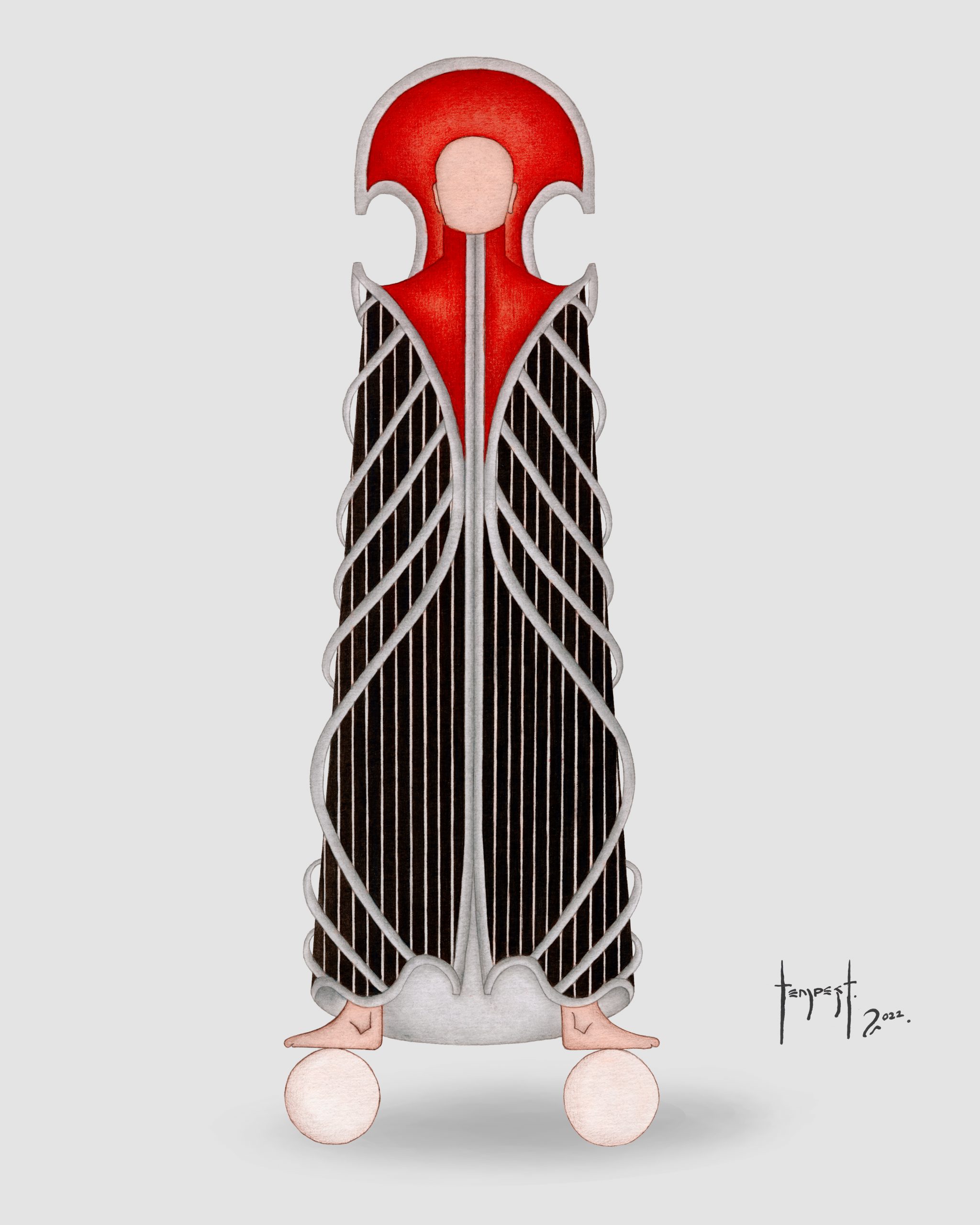 Watercolour illustration of a tall, stylized humanoid figure with a faceless head framed by a red, halo-like structure that extends over the shoulders. The upper body is covered in a red and gray exoskeletal form that narrows into a long, vertically striped black robe, enclosed by pale gray vein-like arcs running down both sides. The feet rest on two white spheres, balancing the figure as if suspended in stillness.