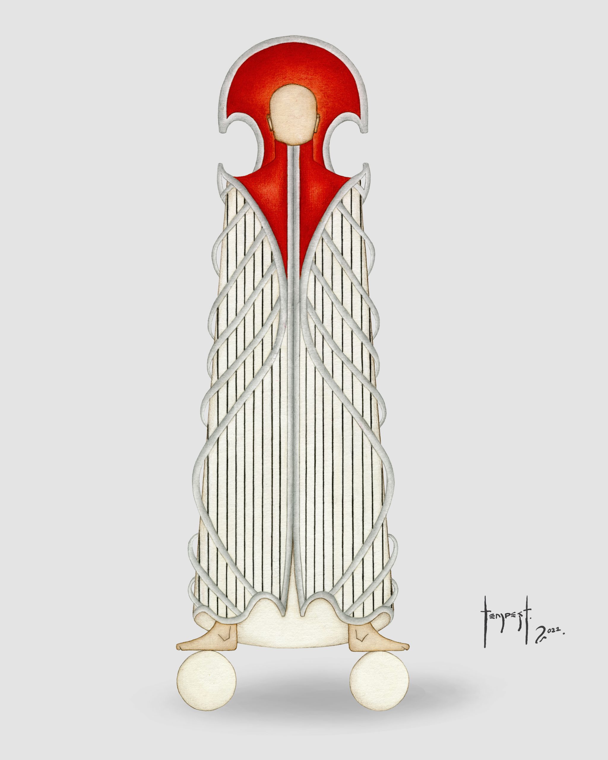 Watercolour illustration of a tall, abstract humanoid figure dressed in a structured garment with a red, helmet-like headpiece. The upper body and shoulders are covered by a smooth red armor-like shell that frames the faceless head. The rest of the figure is enveloped in a vertically pleated white robe, intersected by a network of pale gray rib-like lines curving along the form. The feet stand atop two large white spheres, giving a sense of weightlessness and ritual poise.