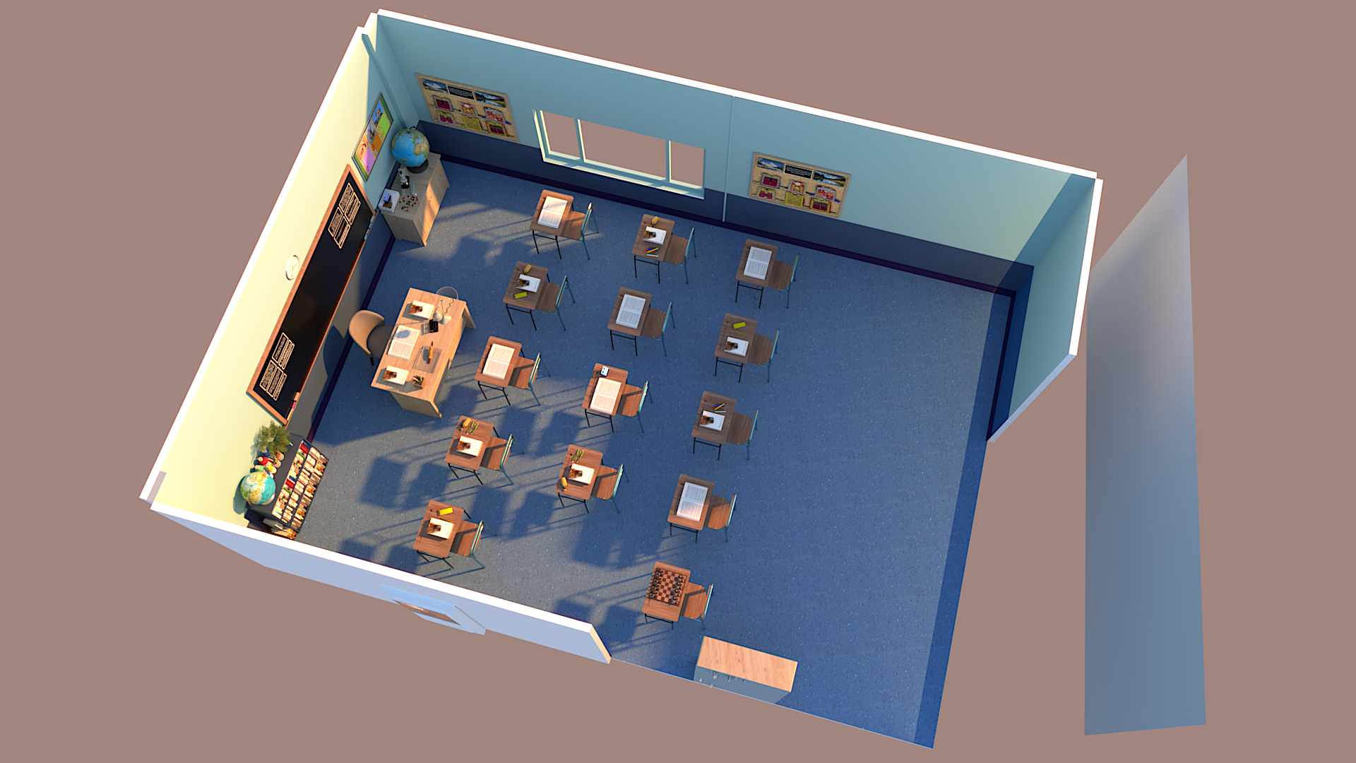 A digital render of a classroom seen from above, showing an orderly arrangement of desks, books, and sunlight streaming across the floor.