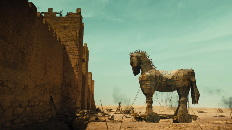 Full-scale wooden Trojan Horse installation designed by Finian James Tempest, inspired by Greek mythology and historical engineering.