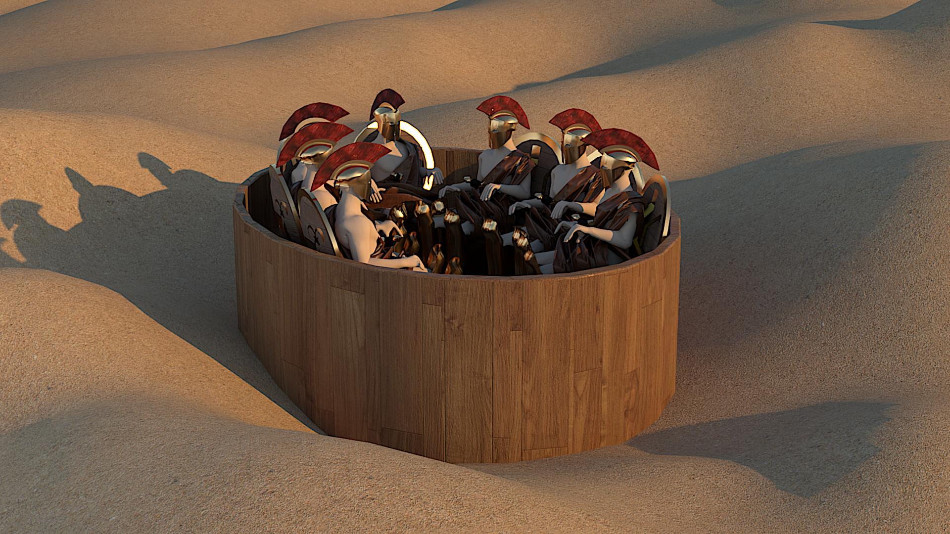 A 3D render depicting a group of stylized ancient warriors with gold helmets and red crests, seated closely inside a circular wooden structure on a sandy terrain.