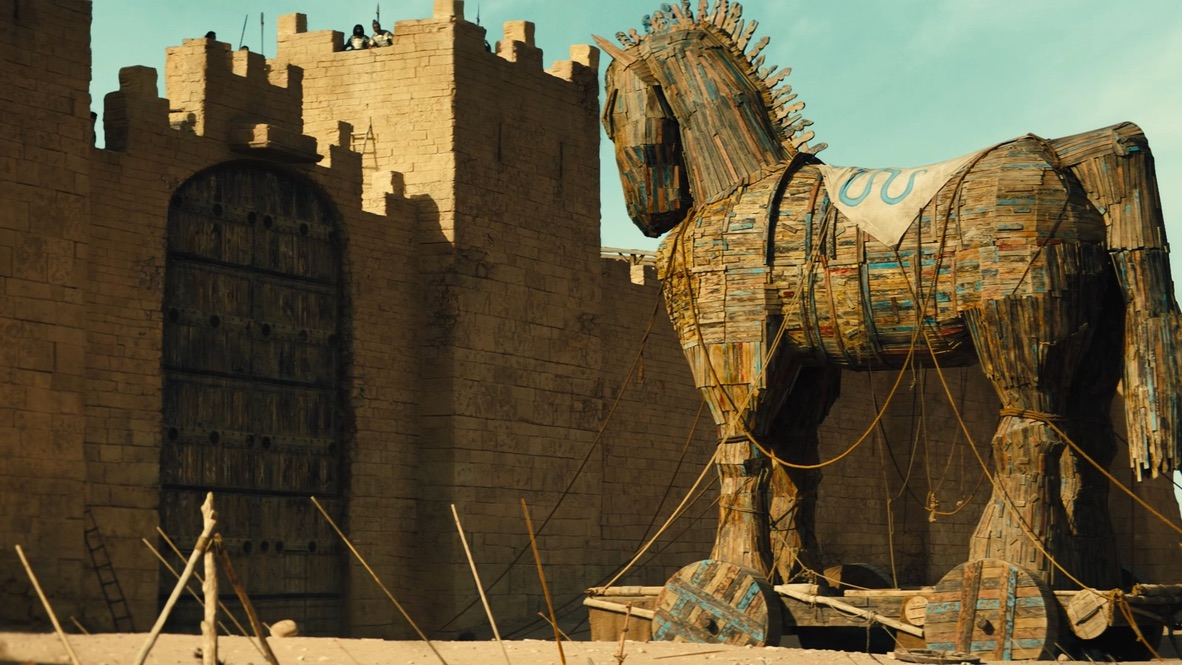 Full-scale wooden Trojan Horse installation designed by Finian James Tempest, inspired by Greek mythology and historical engineering.