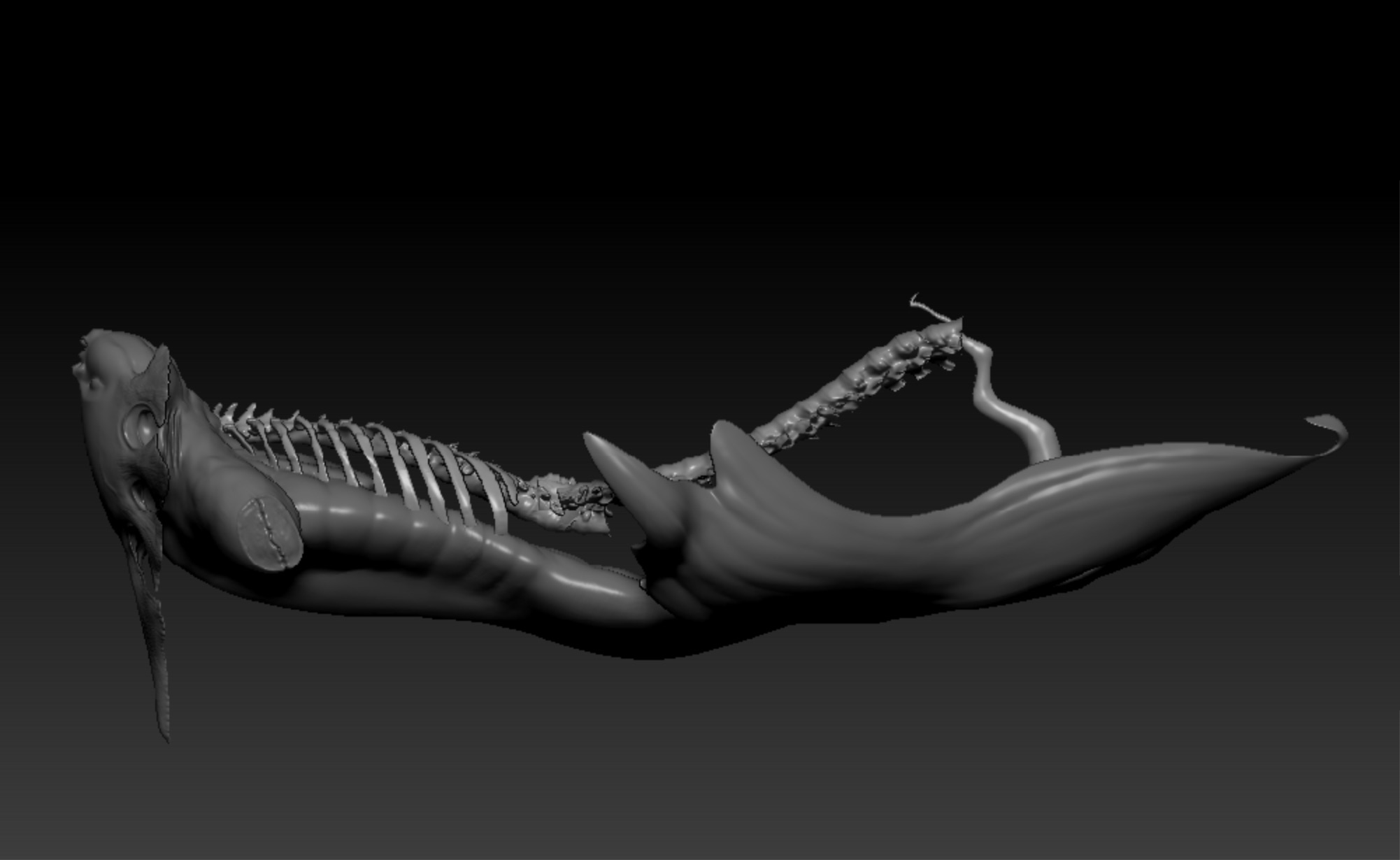 A dark sculptural form combining a fish and a human ribcage, shaped like a violin with strings across the ribs.