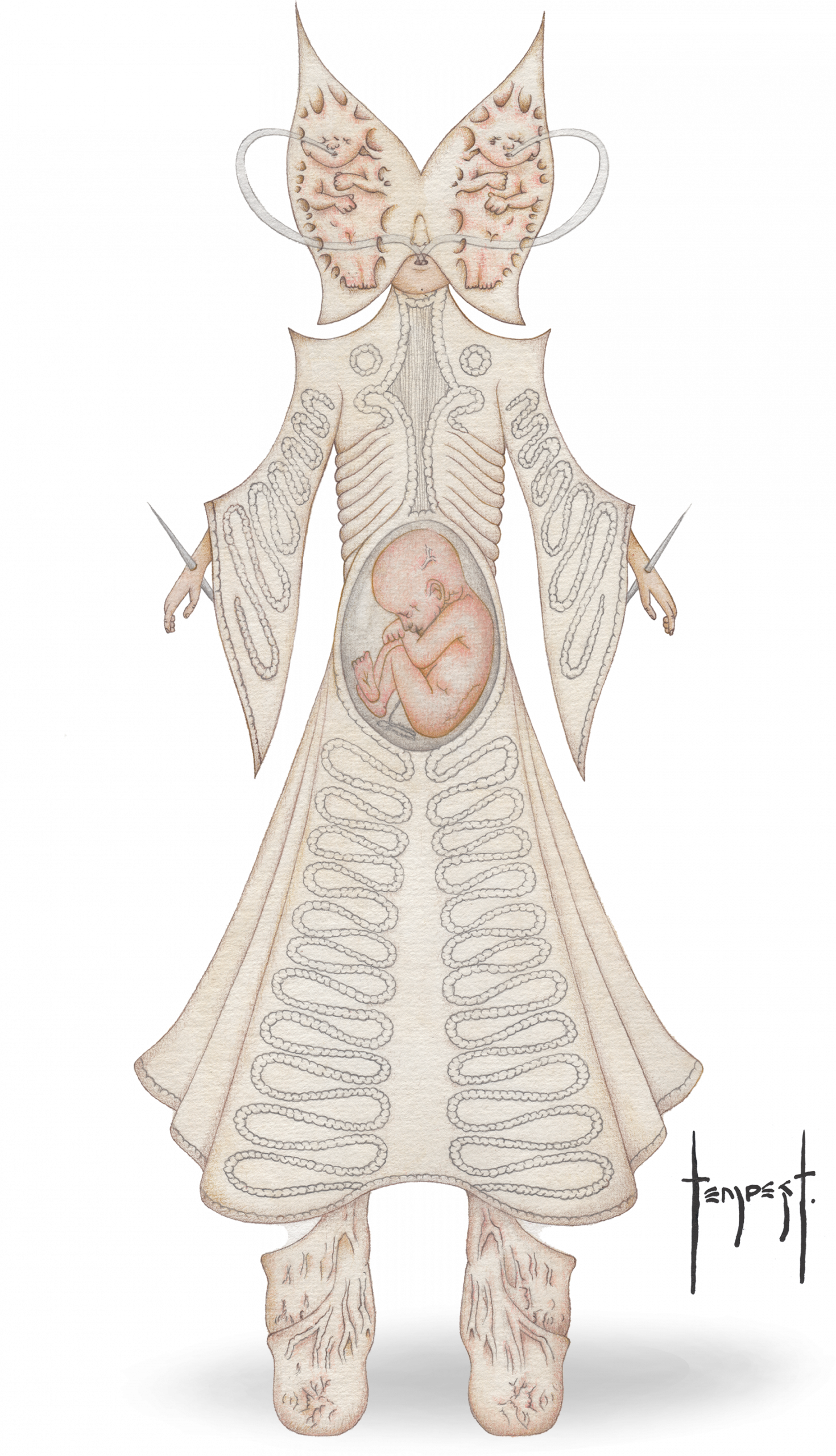 Sculptural costume titled “Vocoder” from the Vessura series and speculative opera project. A pale, humanoid garment with a foetus encased in its abdomen and rib-like external structures, resembling a ritualistic biomechanical organism for vocal performance.