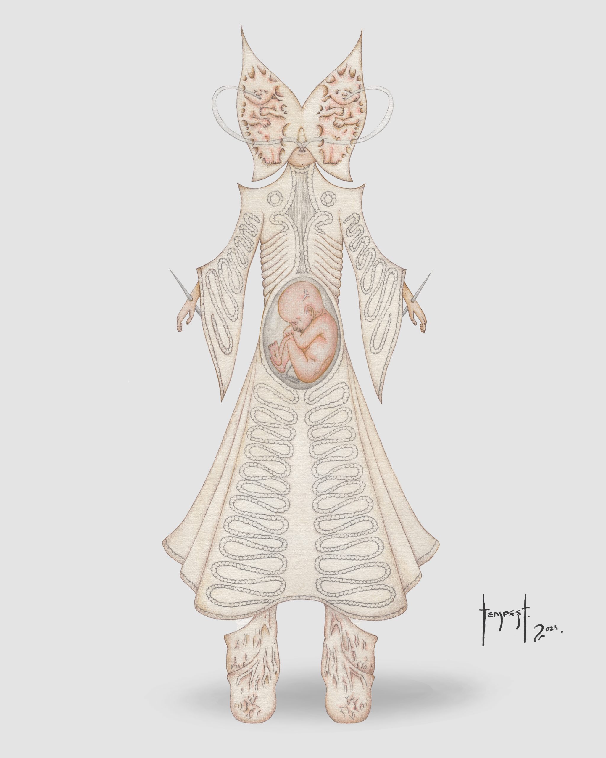 Sculptural costume titled “Vocoder” from the Vessura series and speculative opera project. A pale, humanoid garment with a foetus encased in its abdomen and rib-like external structures, resembling a ritualistic biomechanical organism for vocal performance.