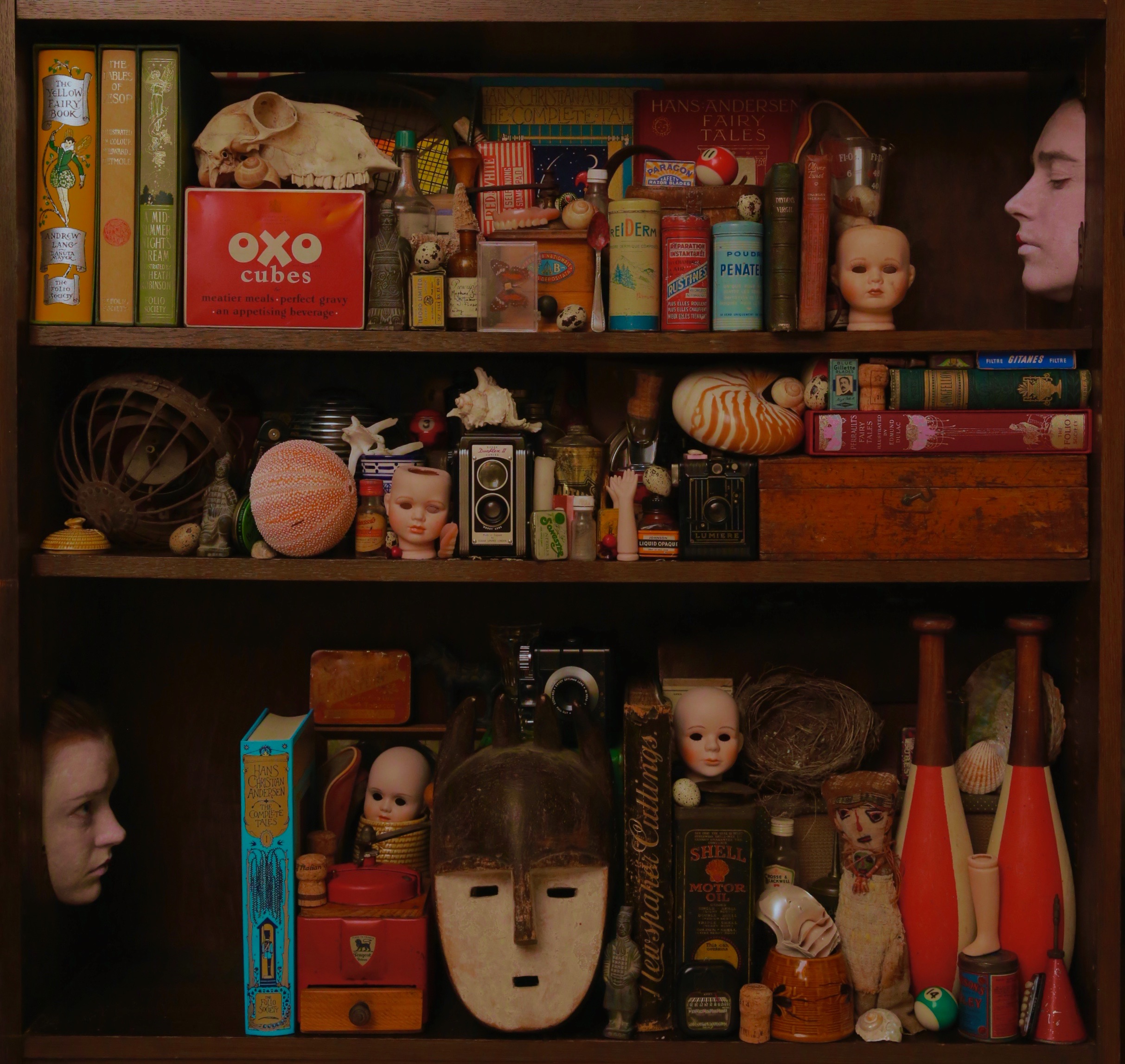 A dimly lit wooden shelf filled with an eclectic assortment of vintage objects and curiosities. Among the items are doll heads and limbs, old cameras, seashells, glass bottles, tins, and antique books. A skull rests beside an OXO cubes tin, and various small trinkets — such as marbles, dice, and feathers — are scattered throughout. Human mannequin heads emerge eerily from the sides and corners of the shelf, giving the scene a surreal, almost unsettling quality reminiscent of a Victorian curiosity cabinet.