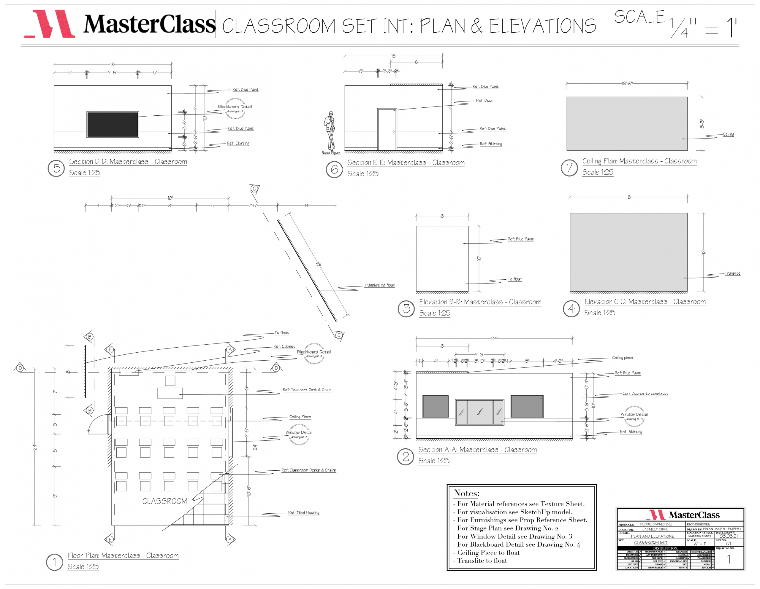 Architectural drawing titled “MasterClass Classroom Set Int: Plan & Elevations,” showing detailed floor plans, sections, and elevations for a classroom set design. The main floor plan at the bottom left displays the classroom layout, including student desks, a teacher’s desk, and entry points, all labeled with measurements. Around the main plan are various elevation and section drawings (labeled 2–7) that detail walls, ceilings, blackboards, and furnishings, each with scale annotations and reference notes. The top left corner features the MasterClass logo, while a notes box and title block appear at the bottom right, specifying drawing references, materials, and visualization guidelines.
