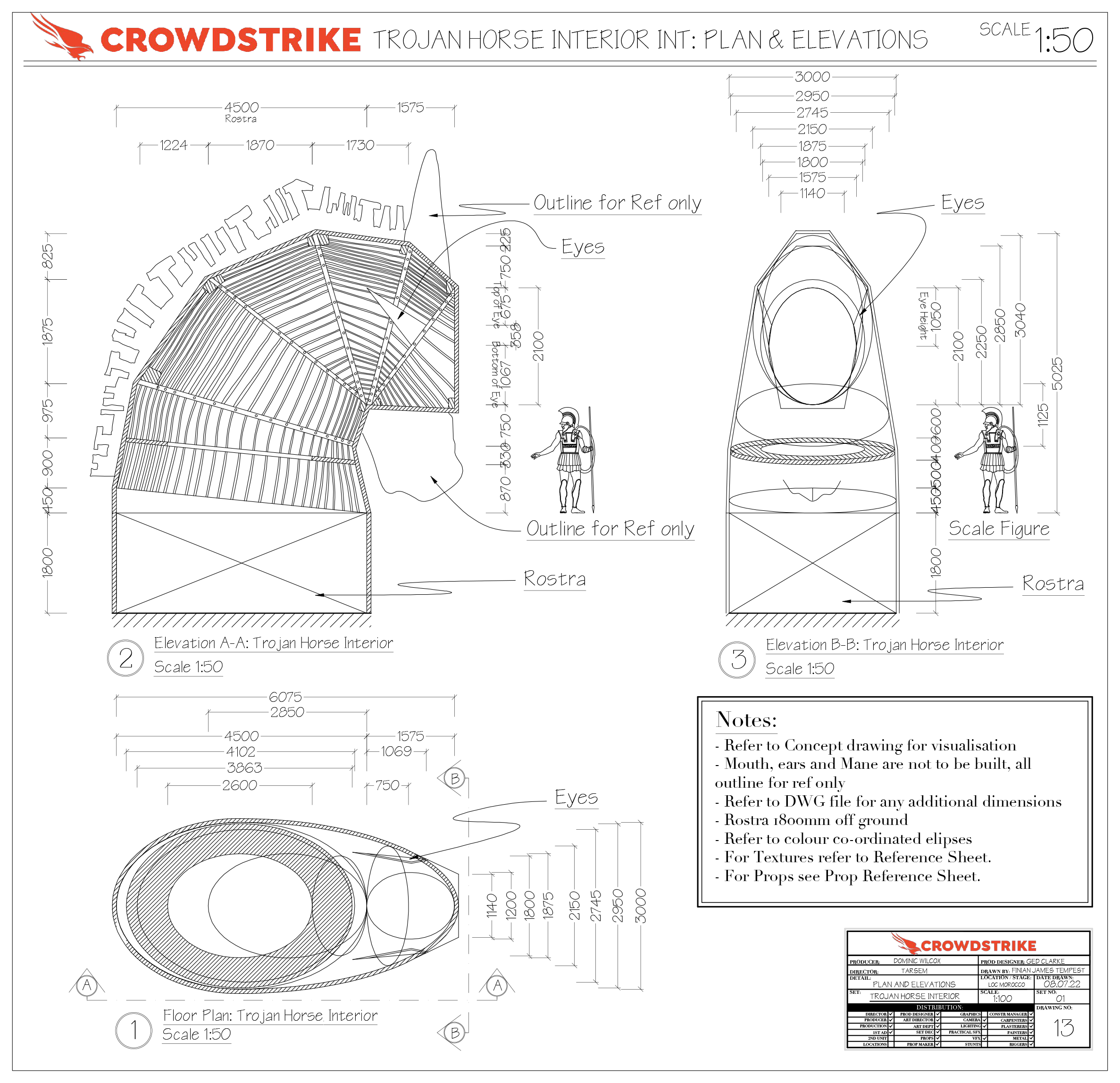Architectural drawing titled “CrowdStrike Trojan Horse Interior Int: Plan & Elevations,” scaled at 1:50. It depicts detailed design elevations and plans for the interior of a Trojan Horse structure. The left side shows an elevation view (A–A) of the horse’s head and neck with structural paneling and interior space labeled “Rostra.” The right elevation (B–B) displays a frontal view with an oval opening marked “Eyes,” and scale figures indicating human height relative to the structure. The floor plan (bottom left) outlines the elliptical shape of the horse interior with labeled dimensions. The notes specify that the mouth, ears, and mane are for reference only and not to be built. The CrowdStrike logo appears in the top left corner, and a title block with drawing information and scale is located at the bottom right.
